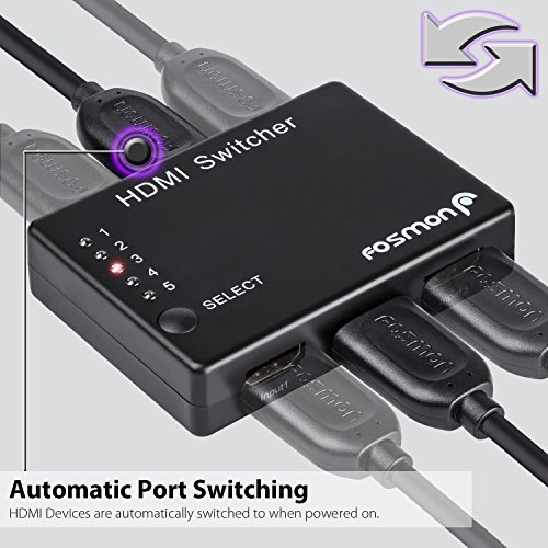 Fosmon HD1832 Intelligent 5-Port HDMI Switch with IR Remote and AC Adapter Supports 3D, Black