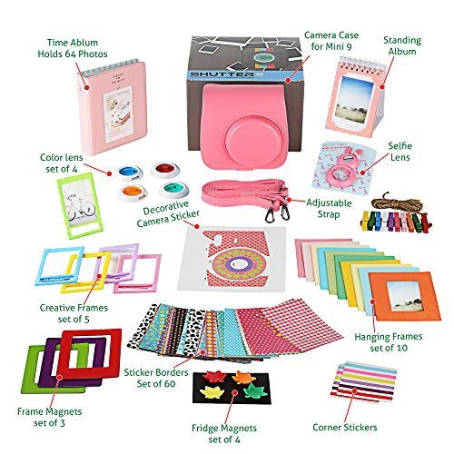 Fujifilm Instax Mini 9 Camera Accessories Bundle, FLAMINGO PINK Fuji 14 PC Kit Includes: Instax Case + Strap, 2 Albums, Filters, Selfie lens, Magnets + Hanging + Creative Frames, 60 stickers, Gift Box