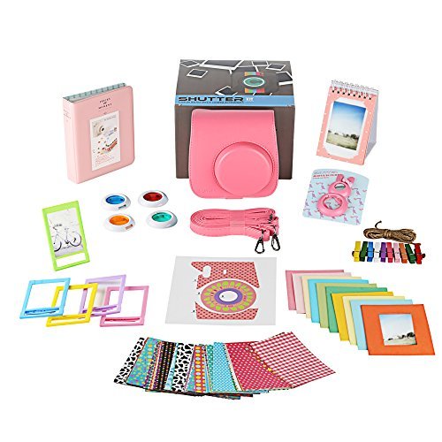 Fujifilm Instax Mini 9 Camera Accessories Bundle, Fuji 11 PC Kit Includes: FLAMINGO PINK Instax Case + Strap, 2 Albums, Filters, Selfie lens, Magnets + Hanging + Creative Frames, 60 stickers, Gift Box