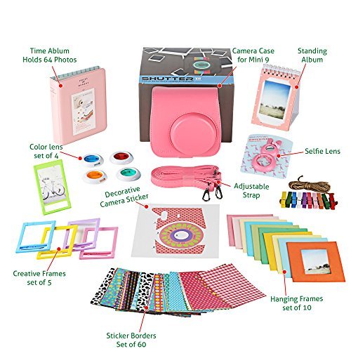 Fujifilm Instax Mini 9 Camera Accessories Bundle, Fuji 11 PC Kit Includes: FLAMINGO PINK Instax Case + Strap, 2 Albums, Filters, Selfie lens, Magnets + Hanging + Creative Frames, 60 stickers, Gift Box