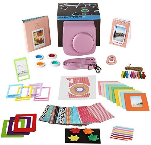 Fujifilm Instax Mini 9 or Mini 8 instant Camera Accessories Bundle, Pink 14 PC Kit Includes: Instax Case + Strap, 2 Albums, Filter, Selfie lens, Magnets + Hanging + Creative Frames, stickers, Gift Box