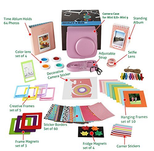 Fujifilm Instax Mini 9 or Mini 8 instant Camera Accessories Bundle, Pink 14 PC Kit Includes: Instax Case + Strap, 2 Albums, Filter, Selfie lens, Magnets + Hanging + Creative Frames, stickers, Gift Box