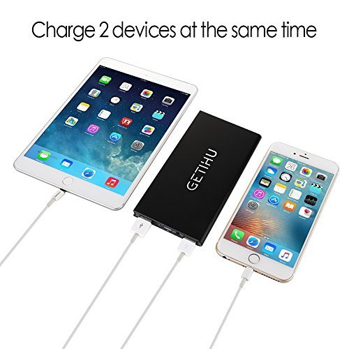 GETIHU Portable Charger Real 10000mAh 2 USB Ports Power Bank External Battery Ultra Slim Thin Design Powerbank Backup for iPhone 7 6s 6 Plus 5s iPad Tablet Samsung Mobile Phone Pack (Black)