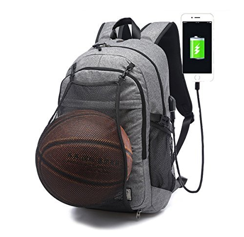 GOHIGH Business Laptop Backpack, Outdoor Travel Bag with Basketball Net Headphone Port and USB Ports Water Resistant College School Backpack for Women/men, Fits UNDER 15.6 inch Laptop & Tablet -Grey