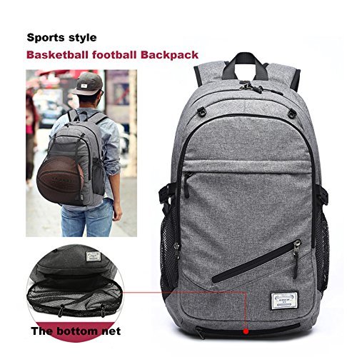 GOHIGH Business Laptop Backpack, Outdoor Travel Bag with Basketball Net Headphone Port and USB Ports Water Resistant College School Backpack for Women/men, Fits UNDER 15.6 inch Laptop & Tablet -Grey