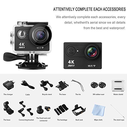 GSPON Wifi Action Camera 4K Ultra HD 12MP 30M Waterproof DV Camcorder 170 Degree Wide Angle Lens Sports Camera 2 Inch LCD Screen with Accessories Kit for Outdoor Cycling Swimming Surfing