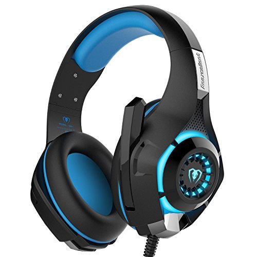 Gaming Headset, Matone Over-Ear Gaming Headphones with Volume Control USB 3.5mm Noise Cancelling Earphones Built-in Mic Stereo Bass LED Light for PS4 PC Tablet Laptop (Blue)