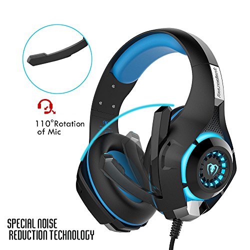 Gaming Headset, Matone Over-Ear Gaming Headphones with Volume Control USB 3.5mm Noise Cancelling Earphones Built-in Mic Stereo Bass LED Light for PS4 PC Tablet Laptop (Blue)