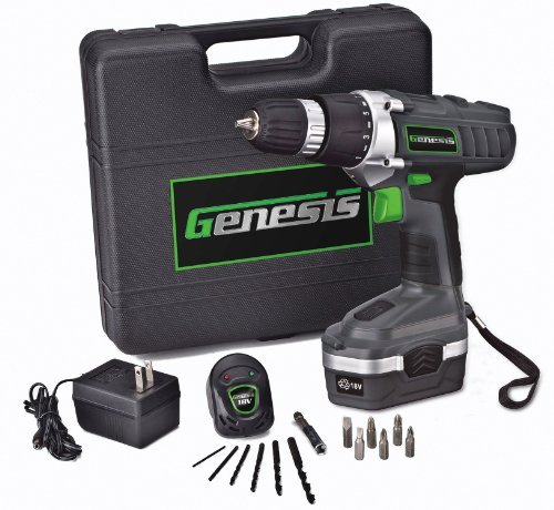 Genesis GCD18BK 18 Volt Cordless Variable Speed Drill/Driver Kit, Grey, 3/8-inch chuck with Hard Shell Carrying Case, 13 Bit Assortment, and Ni-Cad Battery Charger