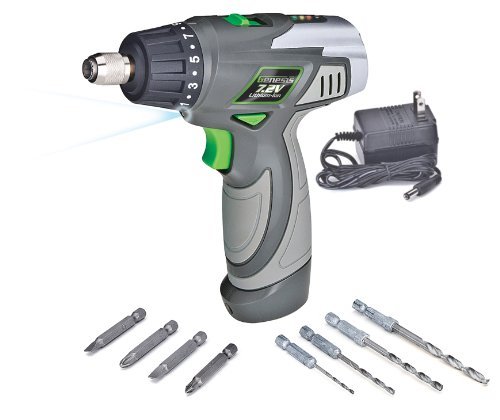 Genesis GLSD72A 7.2V Lithium-Ion 2-Speed Screwdriver, Grey, 3/8-inch chuck with Trigger Activated LED light, Battery Charger, and 8-Piece Accessory Drill and Driver Bit Set