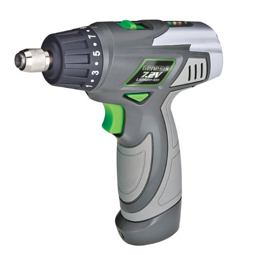 Genesis GLSD72A 7.2V Lithium-Ion 2-Speed Screwdriver, Grey, 3/8-inch chuck with Trigger Activated LED light, Battery Charger, and 8-Piece Accessory Drill and Driver Bit Set