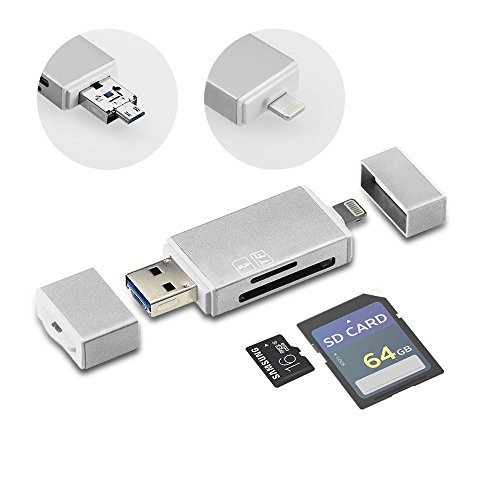 GiBot 3-in-1 Micro SD/ SD Memory Card Reader with Lightning USB 3.0 Micro USB OTG Adapter Card Reader for SDXC, SDHC, SD, Micro SDXC, Micro SD, Micro SDHC and TF Card, Silver