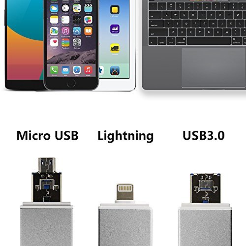 GiBot 3-in-1 Micro SD/ SD Memory Card Reader with Lightning USB 3.0 Micro USB OTG Adapter Card Reader for SDXC, SDHC, SD, Micro SDXC, Micro SD, Micro SDHC and TF Card, Silver