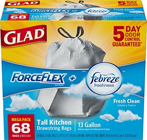 Glad ForceFlex Drawstring Tall Kitchen Trash Bags, 13 Gallon, Fresh Clean, 68 Count 