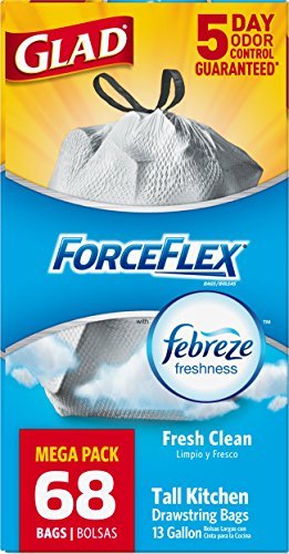 Glad ForceFlex Drawstring Tall Kitchen Trash Bags, 13 Gallon, Fresh Clean, 68 Count 