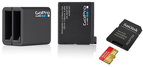 GoPro Genuine Original Accessory Bundle for HERO4 Black / HERO4 Silver. (OEM Packaging) Includes: Dual Battery Charger and Spare Battery. SanDisk Extreme 16GB MicroSDHC Memory Card and Adapter