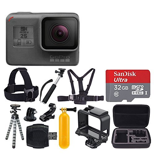 GoPro HERO5 Black + SanDisk Ultra 32GB Micro SDHC Memory Card + Hard Case + Chest Strap Mount - Head Strap Mount + Flexible Tripod + Extendable Monopod + Floating Handle + Great Value Bundle