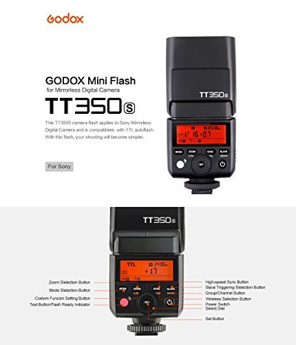 Godox TT350S 2.4G TTL Speedlite Flash for Sony Mirrorless Cameras - GN36 HSS(Max.1/8000s) 0.1-2.2s Recycle Time 210 Full Power Flashes 22 Steps of Power Output(1/1-1/128) 24-105mm Auto/Manual Zooming
