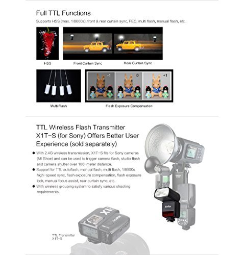 Godox TT350S 2.4G TTL Speedlite Flash with X1T-S Wireless Trigger for Sony Mirrorless Cameras - GN36 HSS 1/8000s 0.1-2.2s Recycle Time 210 Full Power Flashes 22 Step Power Output 24-105mm Zooming