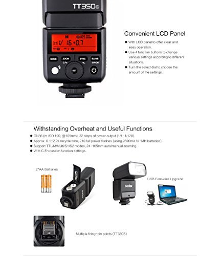 Godox TT350S 2.4G TTL Speedlite Flash with X1T-S Wireless Trigger for Sony Mirrorless Cameras - GN36 HSS 1/8000s 0.1-2.2s Recycle Time 210 Full Power Flashes 22 Step Power Output 24-105mm Zooming
