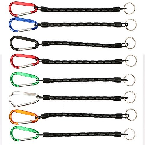 Goture Black Fishing Lanyard Accessories Plastic Retractable Coiled Tether with Carabiner for Pliers Lip Grips Tackle Fish Tools (Pack of 8)