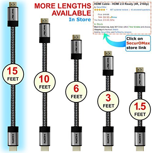 HDMI Cable 15 FT - Braided Cord - 4K HDMI 2.0 Ready - High Speed - Gold Plated Connectors - Ethernet / Audio Return Channel - Video 4K UHD 2160p, HD 1080p, 3D - Xbox PlayStation PS3 PS4 PC Apple TV