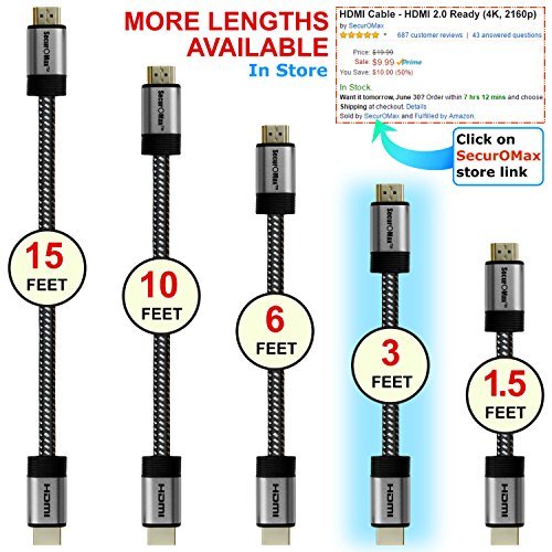 HDMI Cable 3ft - HDMI 2.0 (4K @ 60Hz) Ready - 28AWG Braided Cord - High Speed 18Gbps - Gold Plated Connectors - Ethernet / Audio Return - Video 2160p HD 1080p 3D - Xbox PlayStation PS3 PS4 PC Apple TV