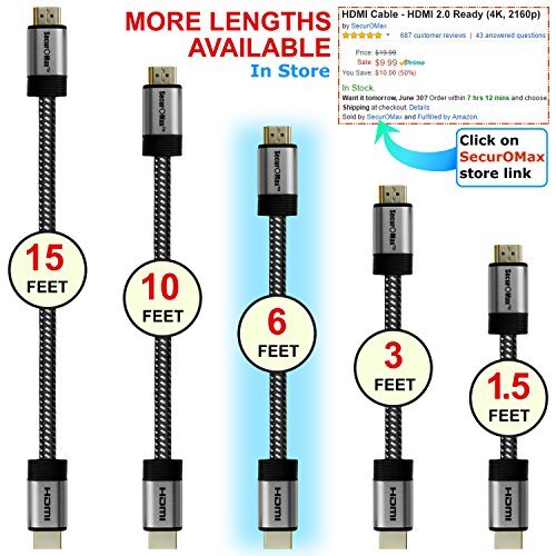 HDMI Cable 6ft - HDMI 2.0 (4K) Ready - 28AWG Braided Cord - High Speed 18Gbps - Gold Plated Connectors - Ethernet, Audio Return - Video 4K 2160p, HD 1080p, 3D - Xbox PlayStation PS3 PS4 PC Apple TV