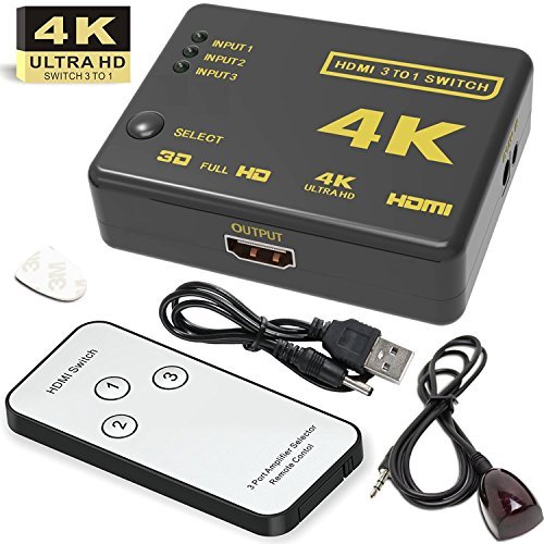 HDMI Switch, Seantter Ultra HD 4K x 2K Intelligent 3 Port HDMI Switcher with Remote Control, IR Receiver and AC Adapter Cable, Supports 3D