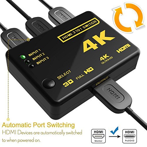 HDMI Switch, Seantter Ultra HD 4K x 2K Intelligent 3 Port HDMI Switcher with Remote Control, IR Receiver and AC Adapter Cable, Supports 3D