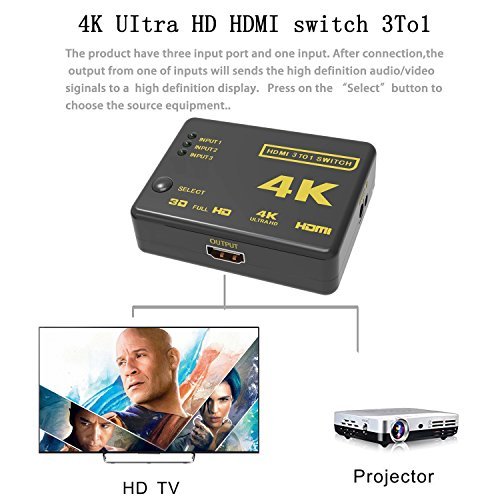 HDMI Switch, Seantter Ultra HD 4K x 2K Intelligent 3 Port HDMI Switcher with Remote Control, IR Receiver and AC Adapter Cable, Supports 3D