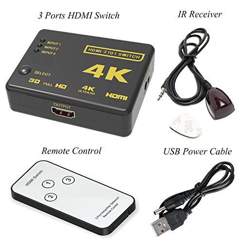 HDMI Switch, Seantter Ultra HD 4K x 2K Intelligent 3 Port HDMI Switcher with Remote Control, IR Receiver and AC Adapter Cable, Supports 3D