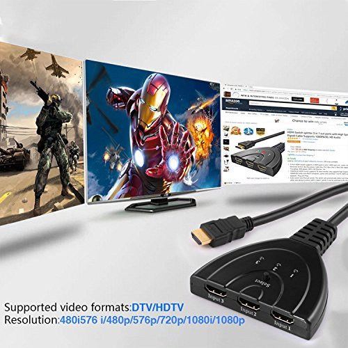 HDMI Switch splitter 3 in 1 out ports with High Speed Pigtail Cable Supports 1080P&3D, HD Audio