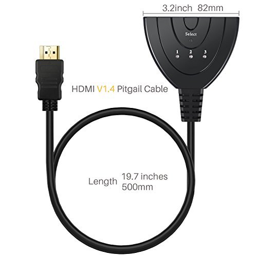 HDMI Switch splitter 3 in 1 out ports with High Speed Pigtail Cable Supports 1080P&3D, HD Audio