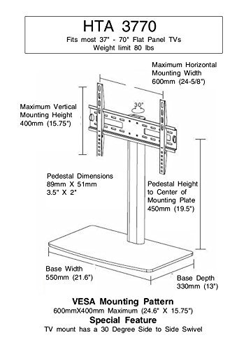 HTA3770 Universal Replacement TV Stand / Base With Swivel Feature fits most 37"-70" TVs Flat Panels, LCD, LED