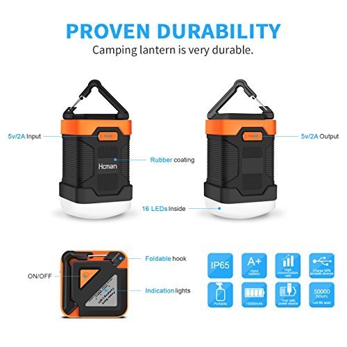 Hcman Rechargeable Led Camping Lantern,Power Bank with 10000mAh,Outdoor Portable Led Camping Lamp 200 Lumes,Waterproof IP65