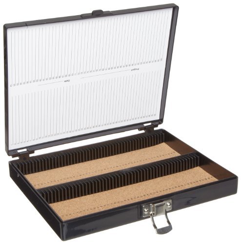 Heathrow Scientific HD15994G Black Cork Lined 100 Place Microscope Slide Box, 8.25" Length x 7" Width x 1.3" Height