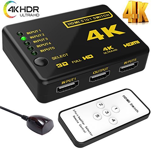 Hhusali Intelligent 5-Port HDMI Switch, Supports 4K, Full HD1080p, 3D with IR Remote (Black-5Port)