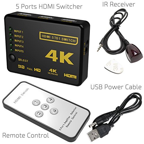 Hhusali Intelligent 5-Port HDMI Switch, Supports 4K, Full HD1080p, 3D with IR Remote (Black-5Port)