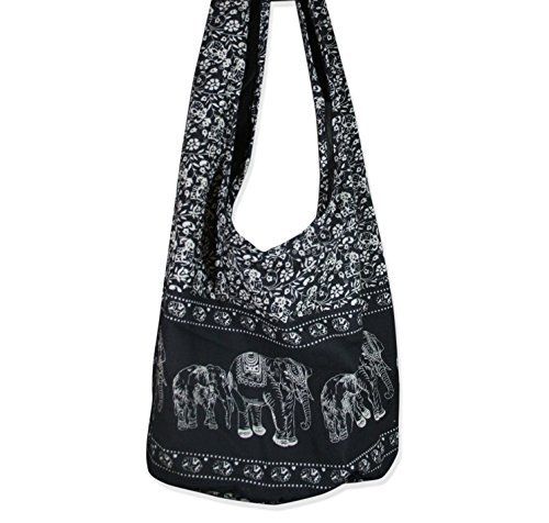 Hippie Elephant Sling Crossbody Bag Shoulder Bag Purse Thai Top Zip Handmade New Color Black