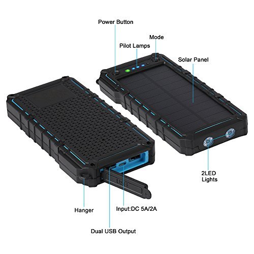 Hiwill Solar Charger 12000mah, Waterproof IP67 Portable Solar Phone Charger, Dual USB Solar Power Bank Input 2.0A MAX External Battery Charger with 2 LED Flashlight for Outdoors-with SoS Modes