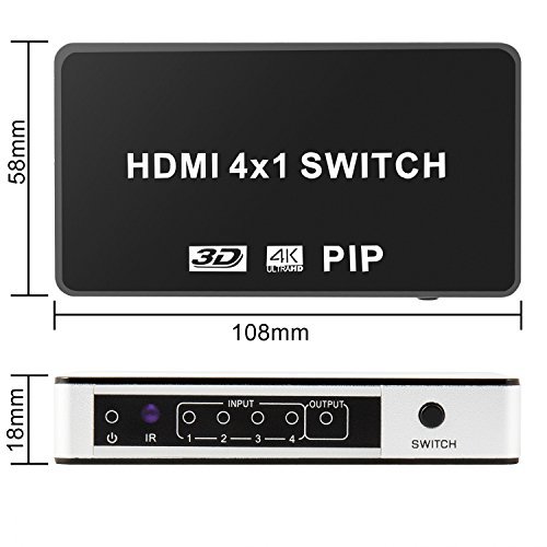 IBIT HDMI Switch 4 Port 4x1 Selector Auto Switcher Support PIP 4K@30Hz,4Kx2K,1080P, 3D with Wireless Remote Control and Power Adapter