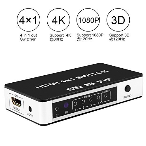 IBIT HDMI Switch 4 Port 4x1 Selector Auto Switcher Support PIP 4K@30Hz,4Kx2K,1080P, 3D with Wireless Remote Control and Power Adapter