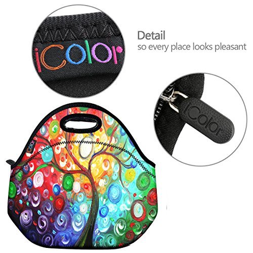 ICOLOR Colorful Tree Insulated Neoprene Lunch Bag Tote Handbag lunchbox Food Container Gourmet Tote Cooler warm Pouch For School work Office