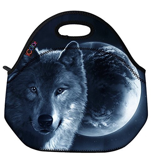 ICOLOR Cool Wolf Boys Insulated Neoprene Lunch Bag Tote Handbag lunchbox Food Container Gourmet Tote Cooler warm Pouch For School work Office