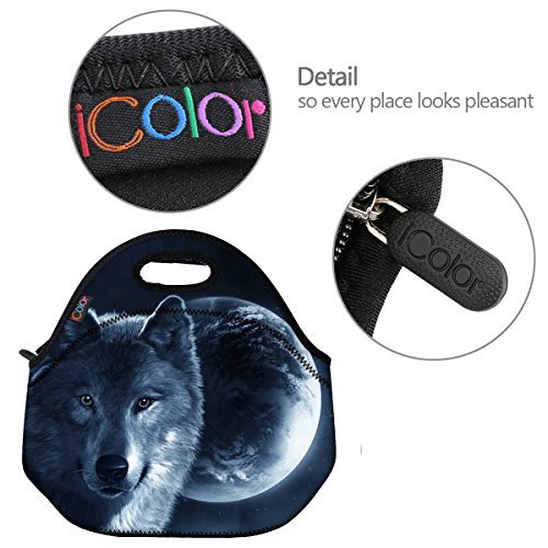 ICOLOR Cool Wolf Boys Insulated Neoprene Lunch Bag Tote Handbag lunchbox Food Container Gourmet Tote Cooler warm Pouch For School work Office