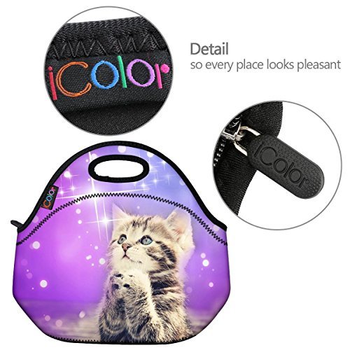 ICOLOR Cute Cat Girls Insulated Neoprene Lunch Bag Tote Handbag lunchbox Food Container Gourmet Tote Cooler warm Pouch For School work Office