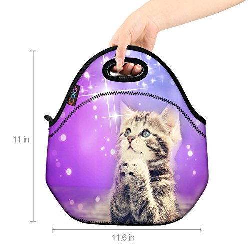 ICOLOR Cute Cat Girls Insulated Neoprene Lunch Bag Tote Handbag lunchbox Food Container Gourmet Tote Cooler warm Pouch For School work Office