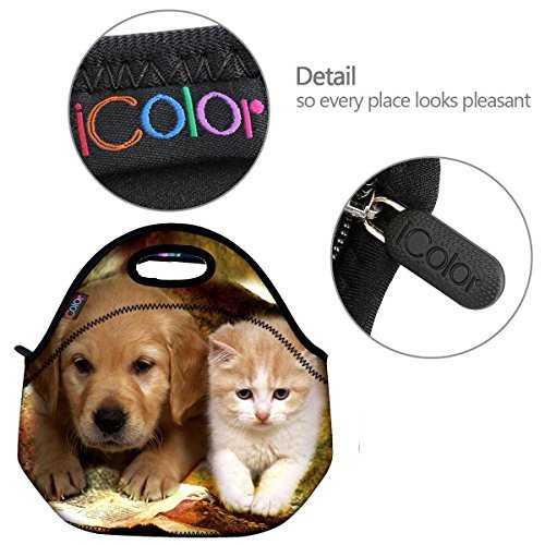 ICOLOR Cute Dog & Cat Thermal Neoprene Waterproof Kids Insulated Lunch Portable Carry Tote Picnic Storage Bag Lunch box Food Bag Gourmet Handbag For School work Office FLB-001