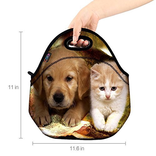 ICOLOR Cute Dog & Cat Thermal Neoprene Waterproof Kids Insulated Lunch Portable Carry Tote Picnic Storage Bag Lunch box Food Bag Gourmet Handbag For School work Office FLB-001